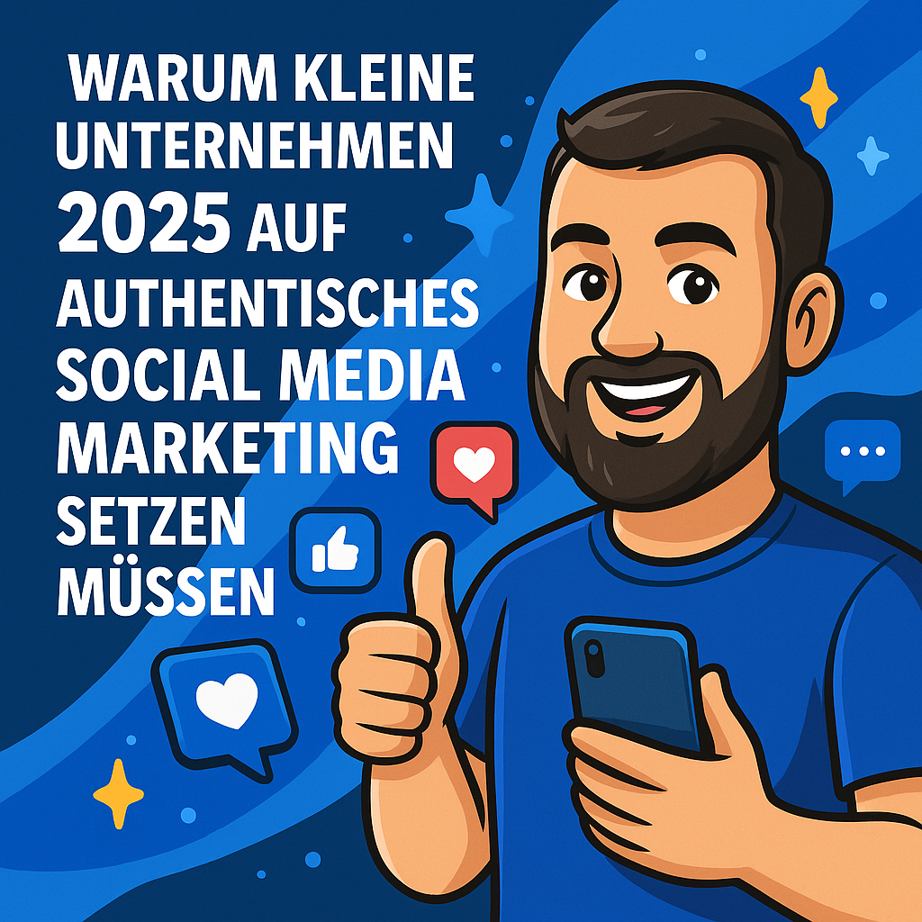 Cartoon-Mann mit Smartphone und Daumen hoch vor Text: Warum kleine Unternehmen 2025 auf authentisches Social Media Marketing setzen müssen