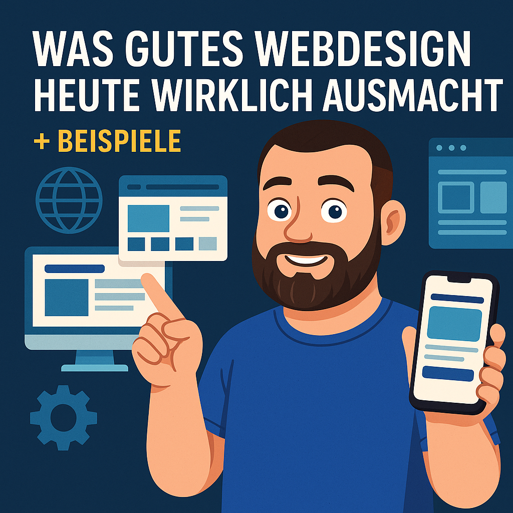 Cartoon-Mann zeigt auf Text ‚Was gutes Webdesign heute wirklich ausmacht‘, mit Symbolen für Website, Smartphone und Layout