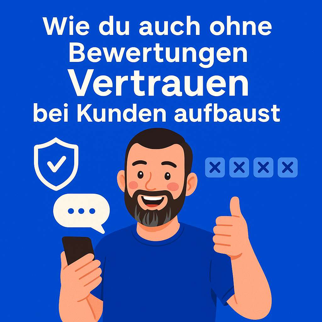 Cartoon-Mann mit Daumen hoch, Sprechblase und Vertrauenssymbol – Text: Wie du auch ohne Bewertungen Vertrauen bei Kunden aufbaust