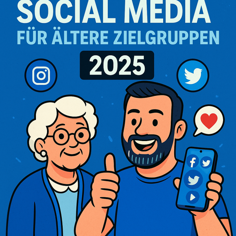 Cartoon-Mann mit Smartphone und ältere Frau mit Herz-Symbol – Text: Social Media für ältere Zielgruppen 2025