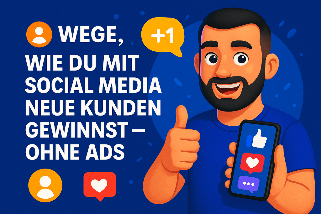 Cartoon-Mann zeigt Daumen hoch, Smartphone mit Social-Media-Symbolen – Text: Wege, wie du mit Social Media neue Kunden gewinnst – ohne Ads