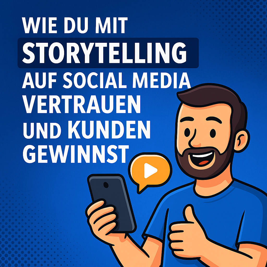 Cartoon-Mann mit Smartphone und Sprechblase, Text: Wie du mit Storytelling auf Social Media Vertrauen und Kunden gewinnst